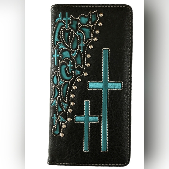 Cross Black/Turq Men Wallet Western Bifold Check Book Style - Picture 1 of 4